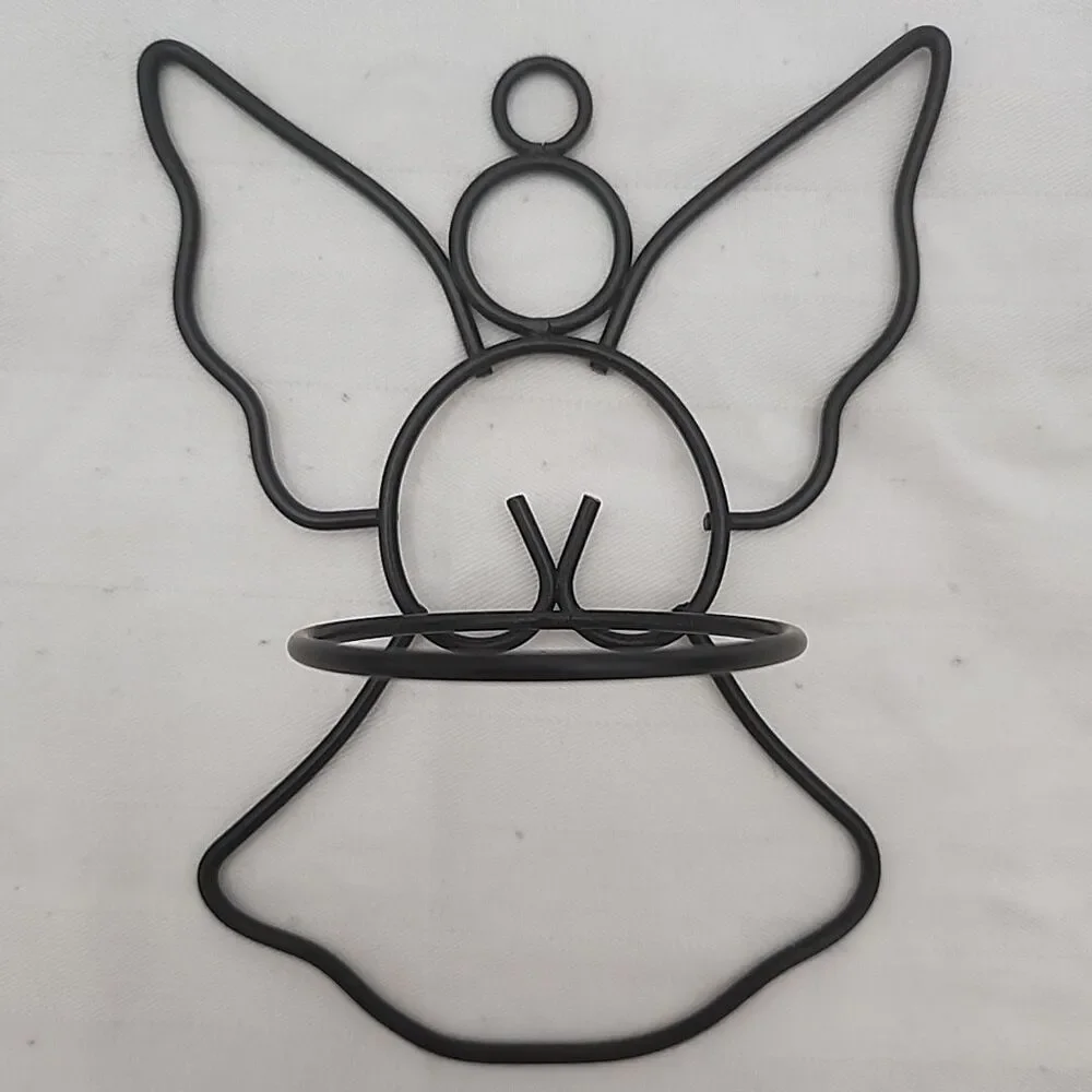 Angel Shaped Hanging Black Metal With Glass Votive Cup Holder And Hanging Stand